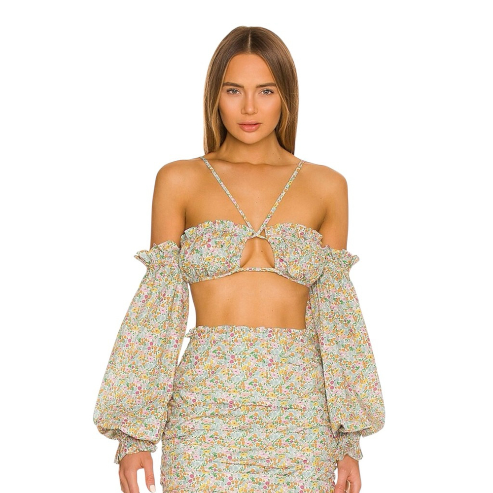 FOR LOVE & LEMONS Raleigh Puff Sleeve Open Back Crop Top Pink Blue Floral Small